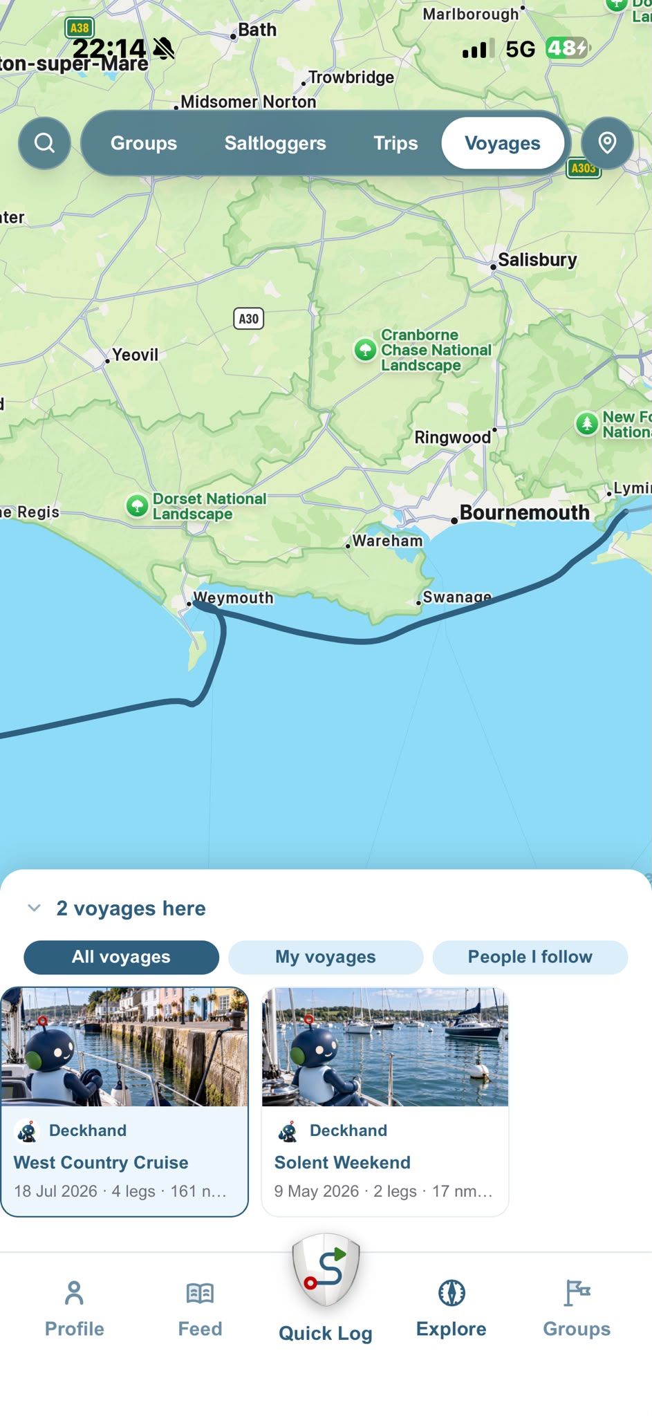 A four-leg voyage drawn along the Dorset and Devon coast, with the voyages logged there listed below