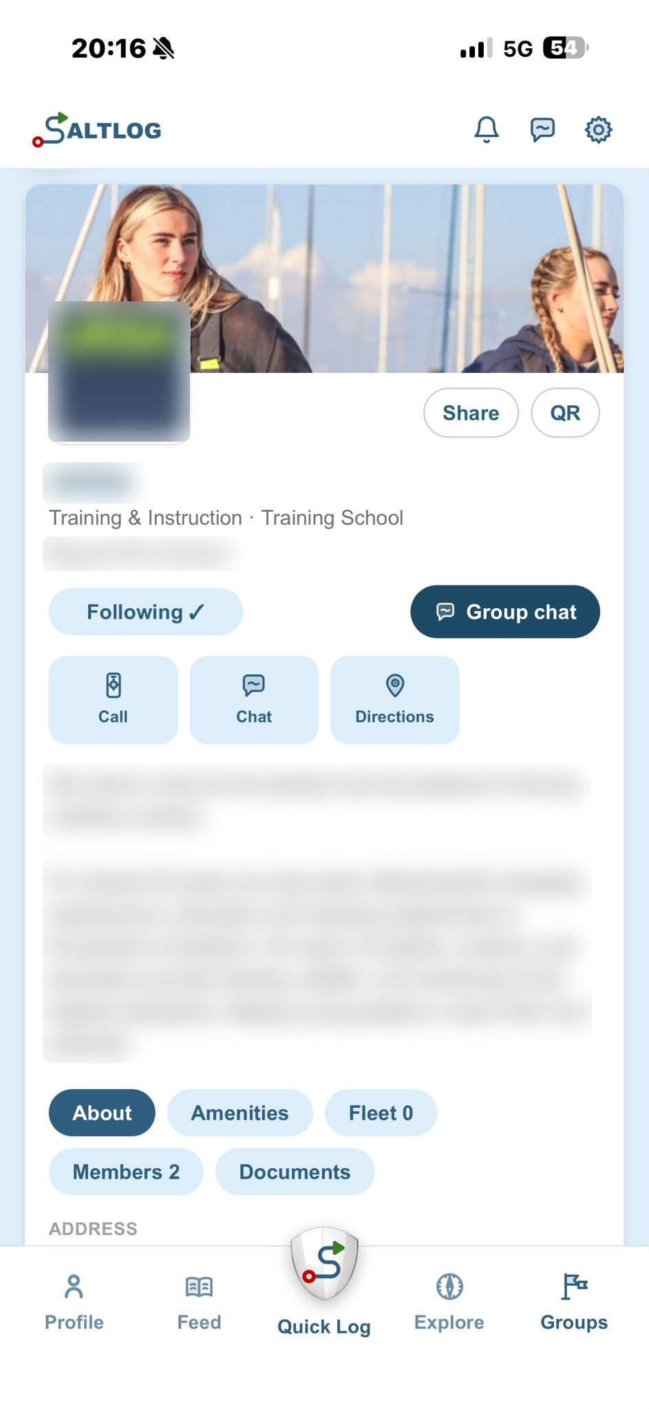 A training school's Group page with chat, members and fleet