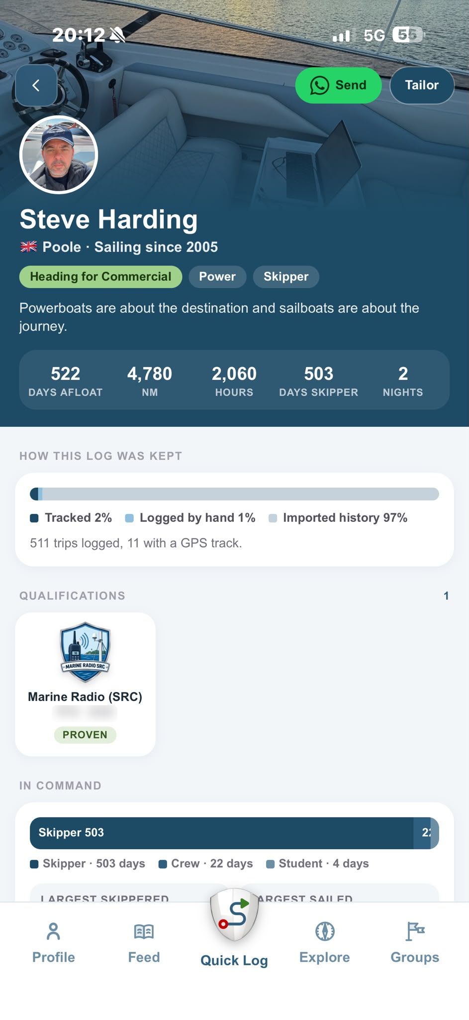 A sailing résumé built from the logbook, with Send and Tailor