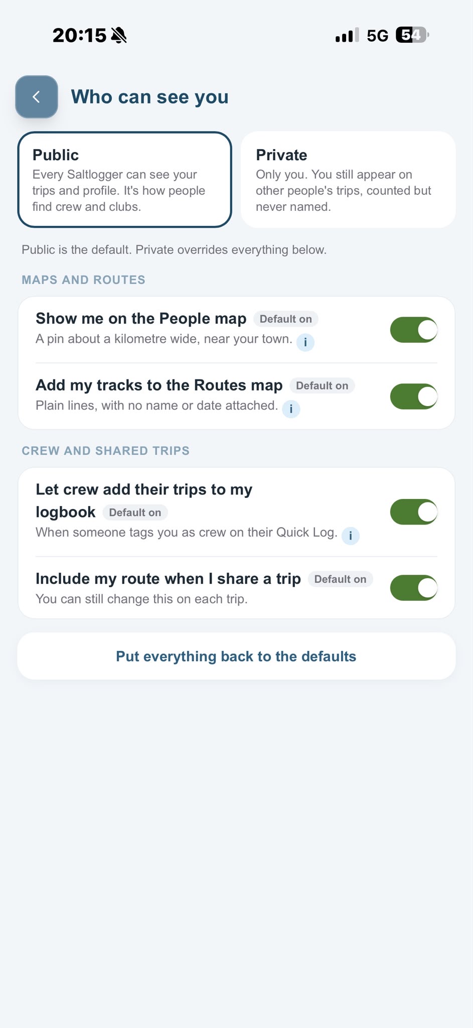 Who can see you: Public or Private, with separate switches for maps, routes and crew